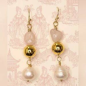 Sultry Pink Morganite & Freshwater Baroque Pearl With Gold Centerpiece Earrings